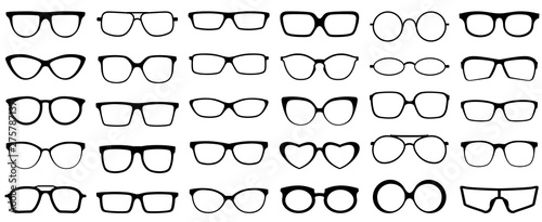 Glasses silhouette. Retro glasses, eye health eyewear and rim sunglasses silhouettes. Hipster or geek plastic eye optic lens frame accessory design. Isolated vector icons set photo