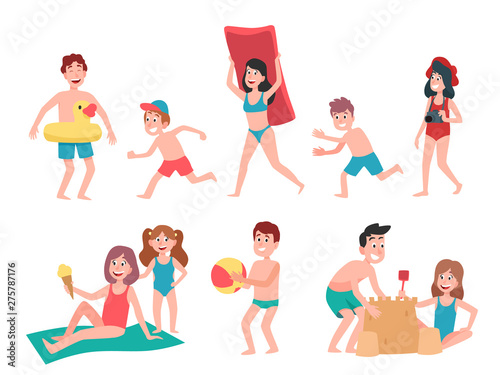 Kids playing at beach. Summer holiday vacation childrens, swimming and sunbathing kid. Joyful people going swim, recreation character in swimsuit. Cartoon isolated vector illustration icons set