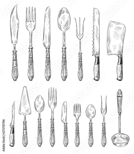 Hand drawn cutlery set. Vintage fork, food spoon and sketch dinner knife. Restaurant ink silver cutlery, dinner meal utensil doodle sketch vector illustration isolated icons set