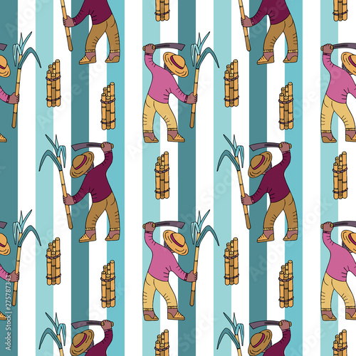 Seamless pattern with sugar cane collector against lined background