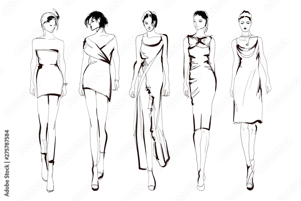 Fashion models sketch hand drawn , stylized silhouettes isolated.Vector fashion illustration set. Fashion models sketch hand drawn , stylized silhouettes isolated.Vector fashion illustration set.