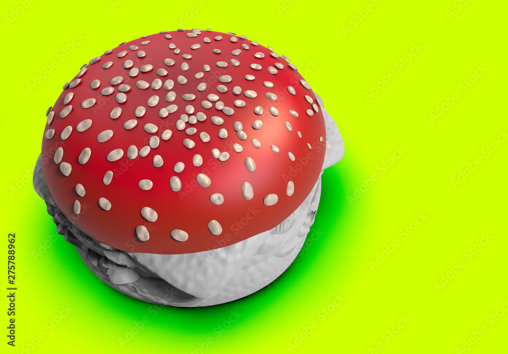 Poisonous Amanita Burger Concept. Isolated 3D with Copy-space.