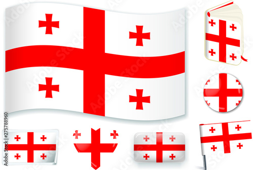 Georgia. Georgian flag wave, book, circle, pin, button, heart and sticker.