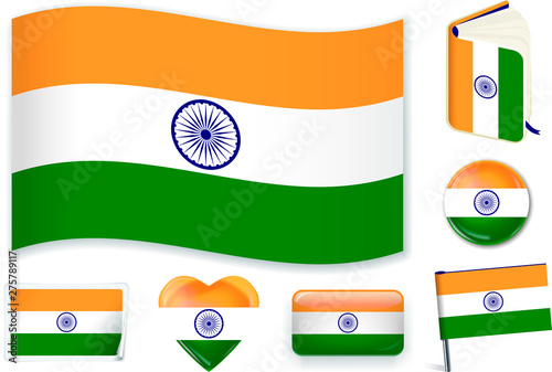 India. Indian flag wave, book, circle, pin, button, heart and sticker.