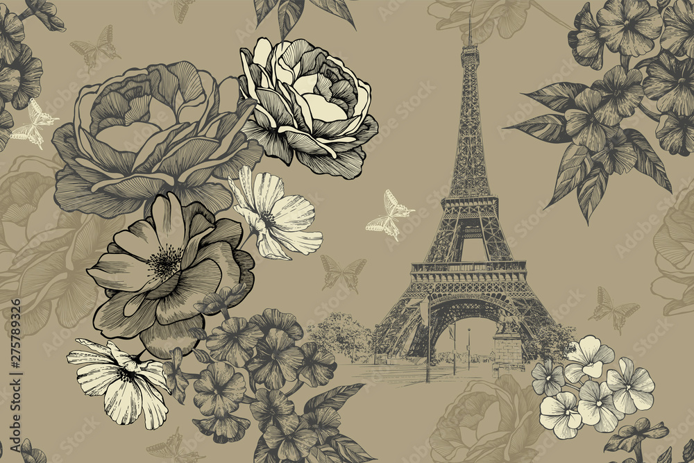 custom made wallpaper toronto digitalEiffel tower with roses, phloxes and butterflies on a vintage, seamless background. Hand-drawn, vector illustration.