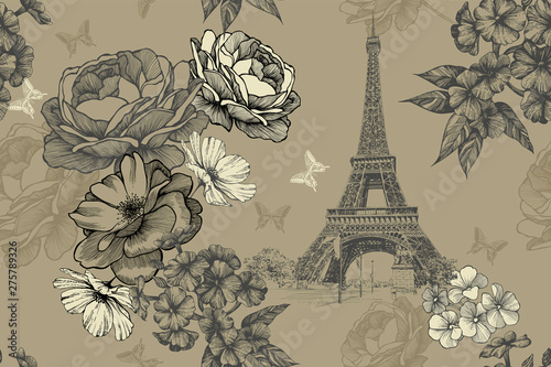 Wallpaper Mural Eiffel tower with roses, phloxes and butterflies on a vintage, seamless background. Hand-drawn, vector illustration. Torontodigital.ca