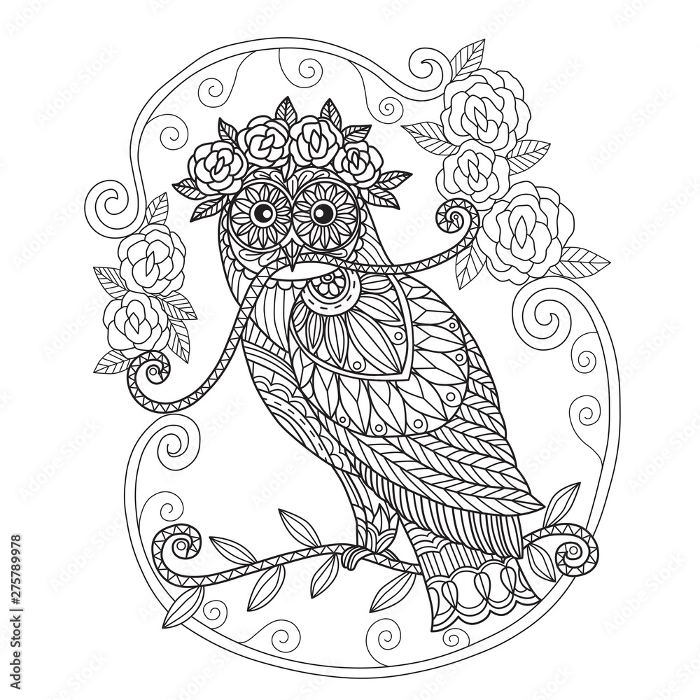 Fototapeta premium Hand drawn sketch illustration of owl and flower for adult coloring book.