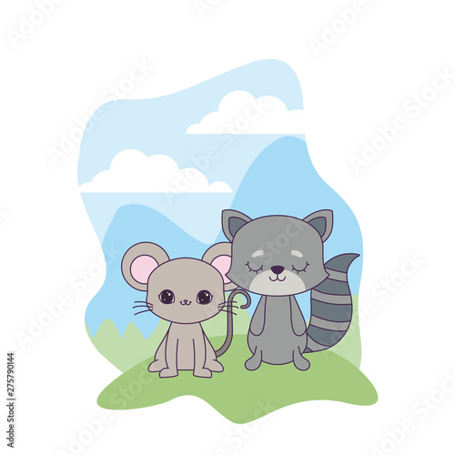cute mouse with cat animals in landscape