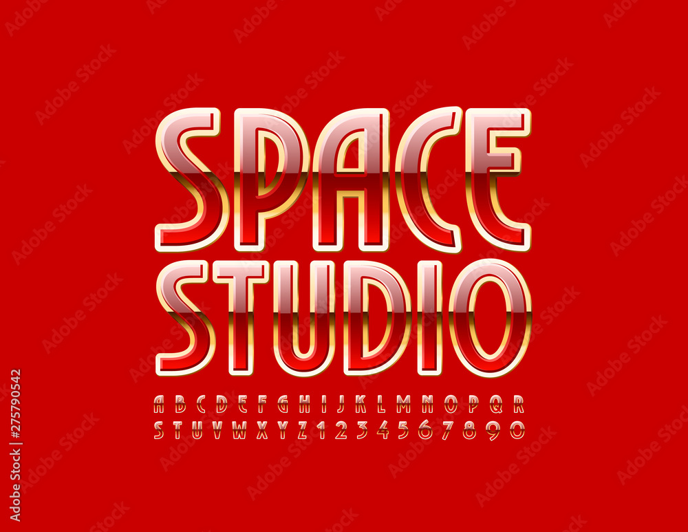 Vector luxury banner Space Studio with elegant Font. Shiny Uppercase Alphabet. Red and Golden shiny Letters and Numbers