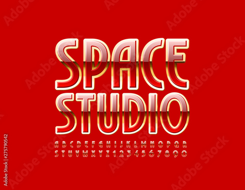 Vector luxury banner Space Studio with elegant Font. Shiny Uppercase Alphabet. Red and Golden shiny Letters and Numbers