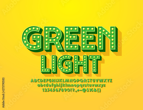 Vector Green Light emblem with trendy Font. Vintage lamp Alphabet. Light bulb bright Alphabet Letters, Numbers and Symbols