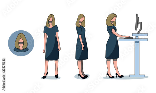 Professional woman standing in different positions and typing at a stand up desk