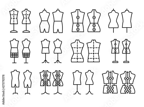 Male & female dressmaking mannequin. Signs of tailor dummy. Display bust, torso. Dress form. Line icon set. Black & white vector illustration