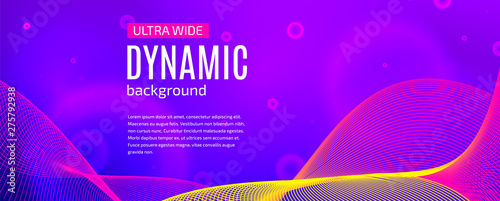 Abstract ultra wide dynamic background. Curved lines motion on a purple background. Creative trendy backdrop for your website, poster, brochure, presentation. Colorful geometric vector illustration