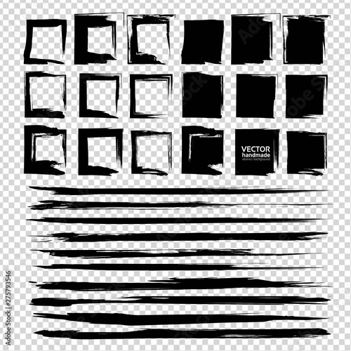 Big set of black textured smooth strokes and square, empty and filled with paint  isolated on imitation transparent background