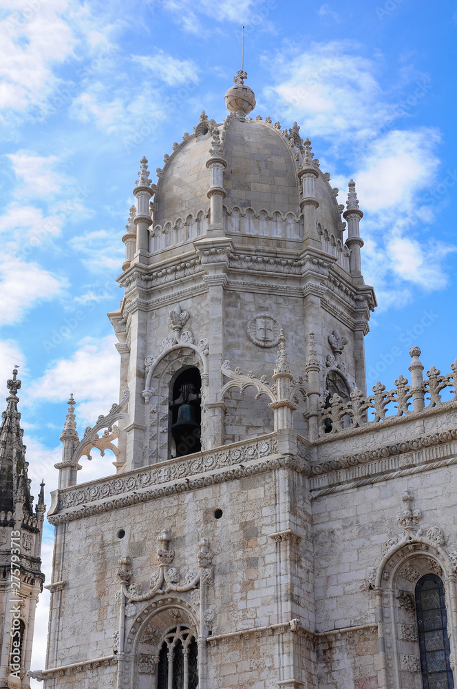 Dome and tower of the Church of Santa Maria in the Jerónimos Monastery. Lisbon, Portugal