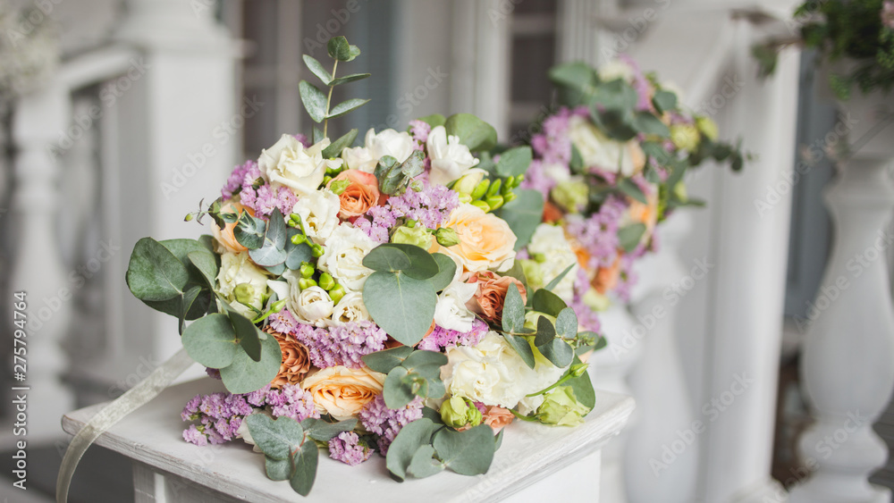 Lush bouquet of different flowers. Elegant wedding