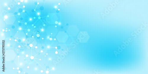 Abstract molecules on soft blue background. Molecular structures or DNA strand, neural network, genetic engineering. Scientific and technological concept.