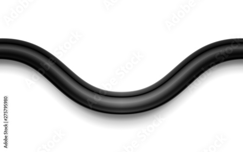 Flexible electrical or network wire isolated on white background. Curved power cable. Close-up of 3d coaxial connection cable section in black insulation. Vector illustration