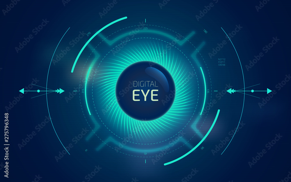 Digital eye HUD UI. Sci-fi futuristic user interface. Technology background. Spy artificial intelligence concept. Virtual surveillance system screen. Vector illustration Digital eye HUD UI. Sci-fi futuristic user interface. Technology background. Spy artificial intelligence concept. Virtual surveillance system screen. Vector illustration