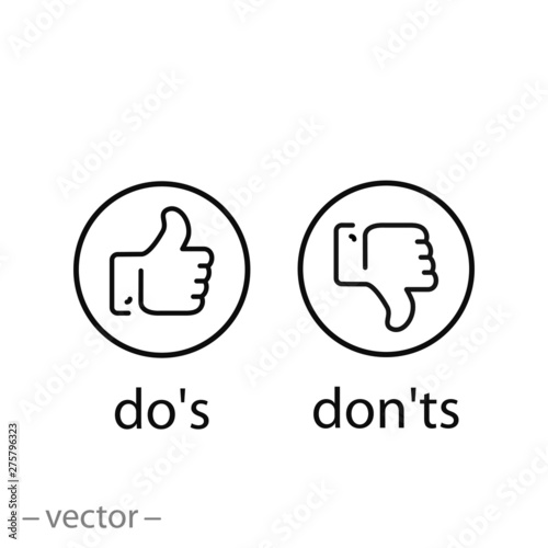 do's and don'ts icon, Like, unlike, yes, no, line symbols on white background - editable stroke vector illustration eps10