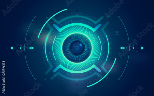 Digital eye HUD UI. Sci-fi futuristic user interface. Technology background. Spy artificial intelligence concept. Virtual surveillance system screen. Vector illustration