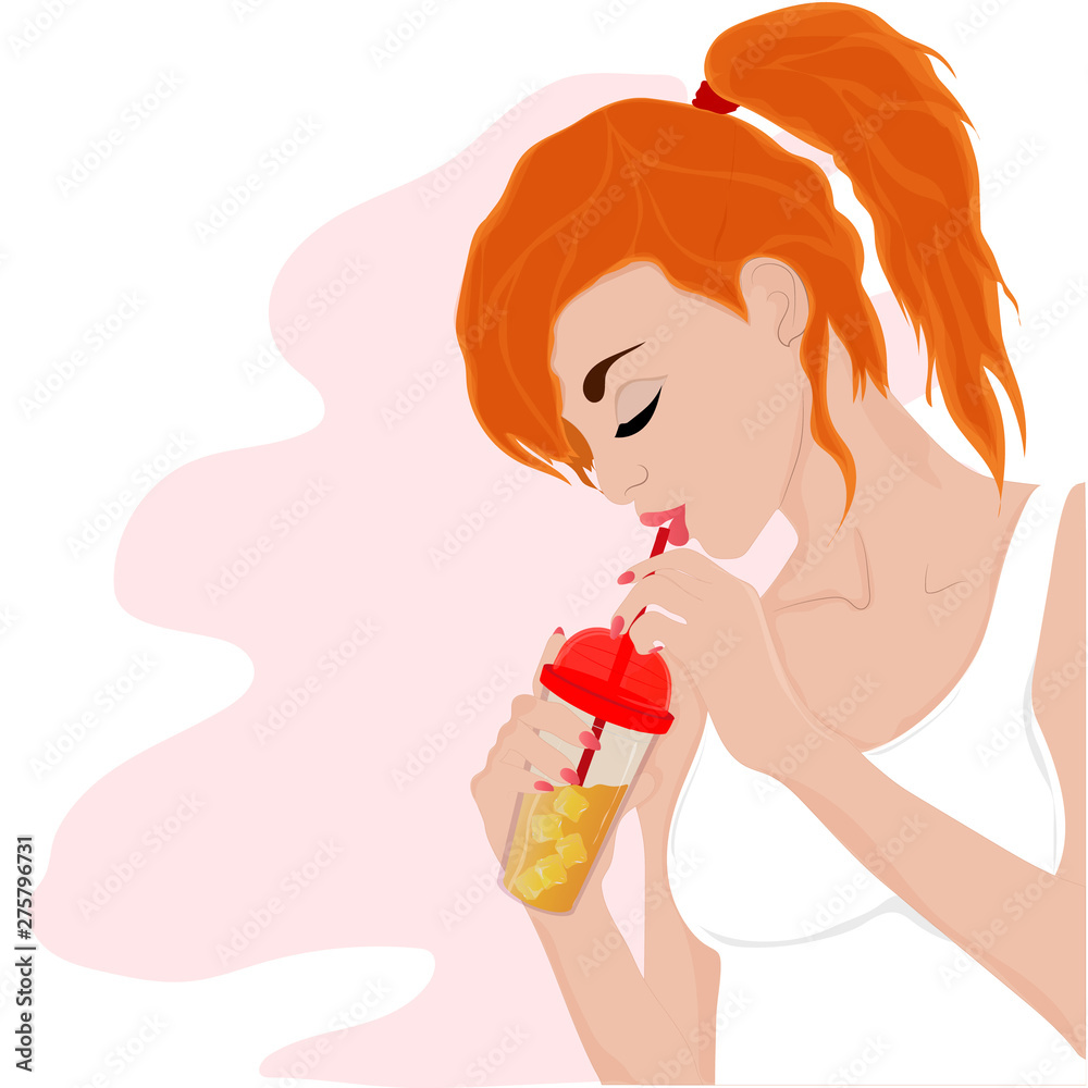 Redhead girl drinks juice with ice. Vector art Redhead girl drinks juice with ice. Vector art