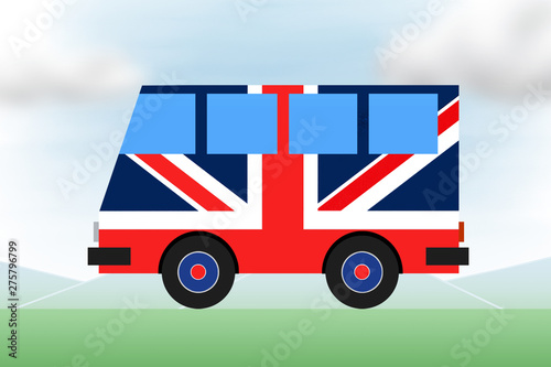 Painted tourist bus colors of the flag of Britain, Union Jack. Travel, international tourism.