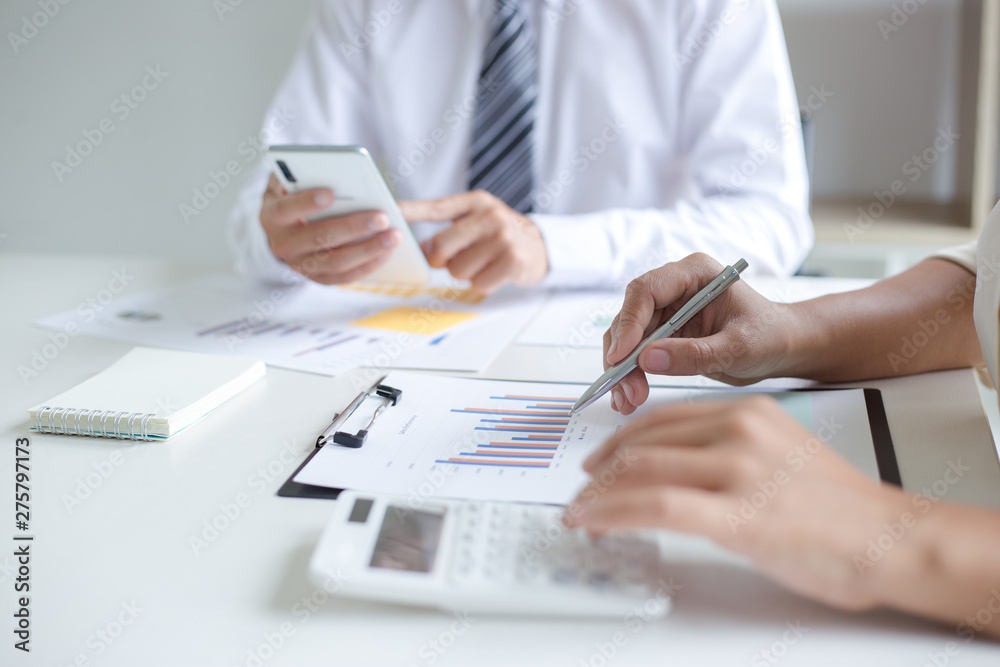 Fototapeta premium Both accountants have checked the company's finances. Have checked the work and profit of the company In order to plan for business expansion to the European zone and nearby areas