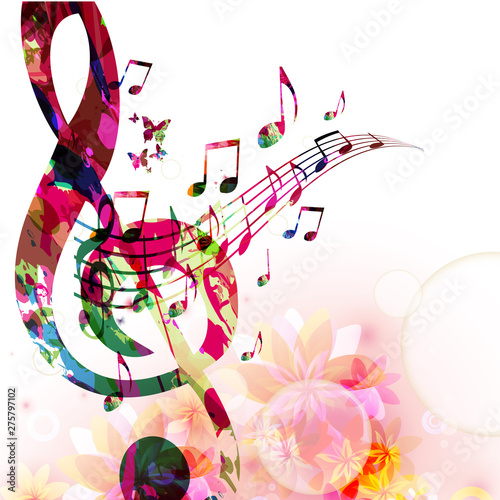 Music background with colorful G-clef and music notes vector illustration design. Artistic music festival poster, live concert events, party flyer, music notes signs and symbols