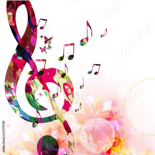 Music background with colorful G-clef and music notes vector illustration design. Artistic music festival poster, live concert events, party flyer, music notes signs and symbols