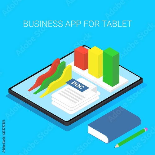 Modern frameless tablet. 3d isometric tablet with business app icon. Docs and business stats on pad.