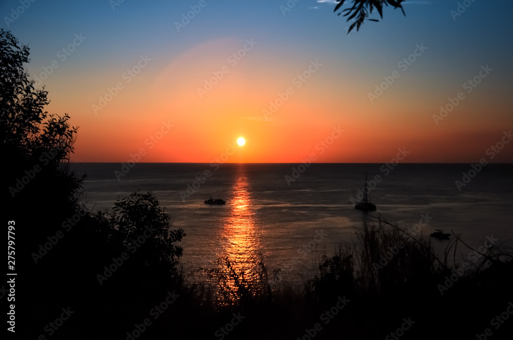 Silhouette tree with sea sunset background.