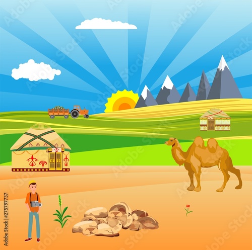 Flat illustration of Countryside view, nomad houses, horses in summer Kazakhstan Landscape vector. Sun and sun rays