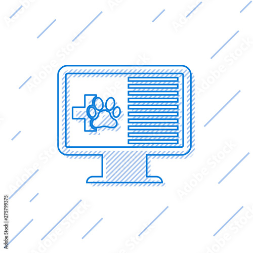 Blue Medical clinical record pet on monitor line icon isolated on white background. Health insurance form. Prescription, medical check marks report. Vector Illustration