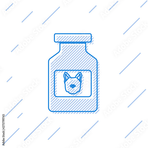 Blue Dog medicine bottle line icon isolated on white background. Container with pills. Prescription medicine for animal. Vector Illustration