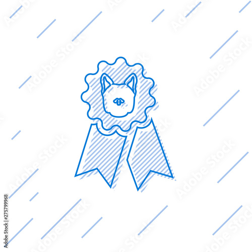 Blue Dog award symbol line icon isolated on white background. Medal with dog footprint as pets exhibition winner concept. Vector Illustration