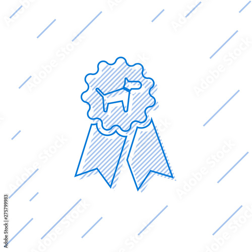 Blue Dog award symbol line icon isolated on white background. Medal with dog footprint as pets exhibition winner concept. Vector Illustration