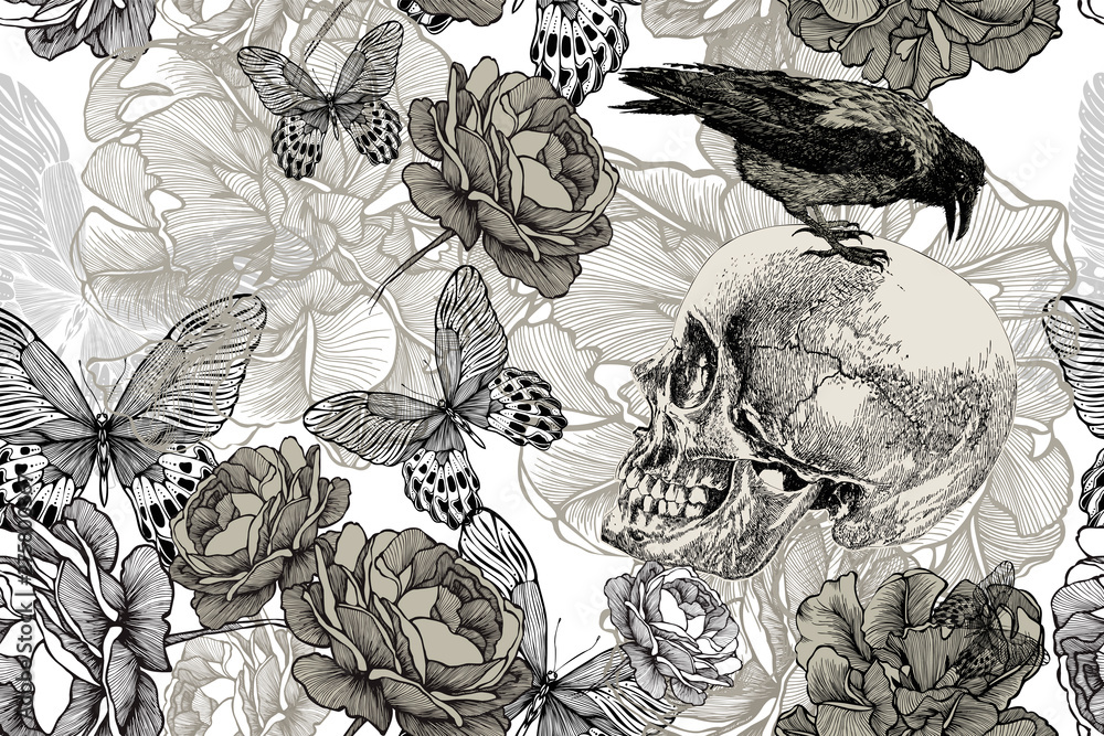 custom made wallpaper toronto digitalSkull with a raven on a seamless, floral background. Vector illustration, hand drawing.