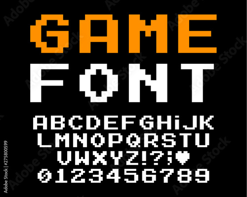 Set of vector letters in retro style. Game design. Font of old games. 8 bit letters and numbers vector alphabet.