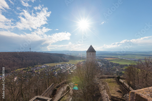 Bovenden, Lower Saxony, Germany- March 17, 2019;.The Plesse Castle, the Plesseburg or Ruin Plesseburg is a tower-like medieval castle.