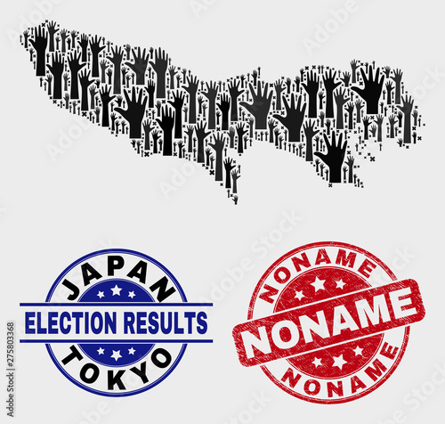 Electoral Tokyo Prefecture map and seal stamps. Red rounded Noname distress seal stamp. Black Tokyo Prefecture map mosaic of raised referendum hands. Vector composition for referendum results,