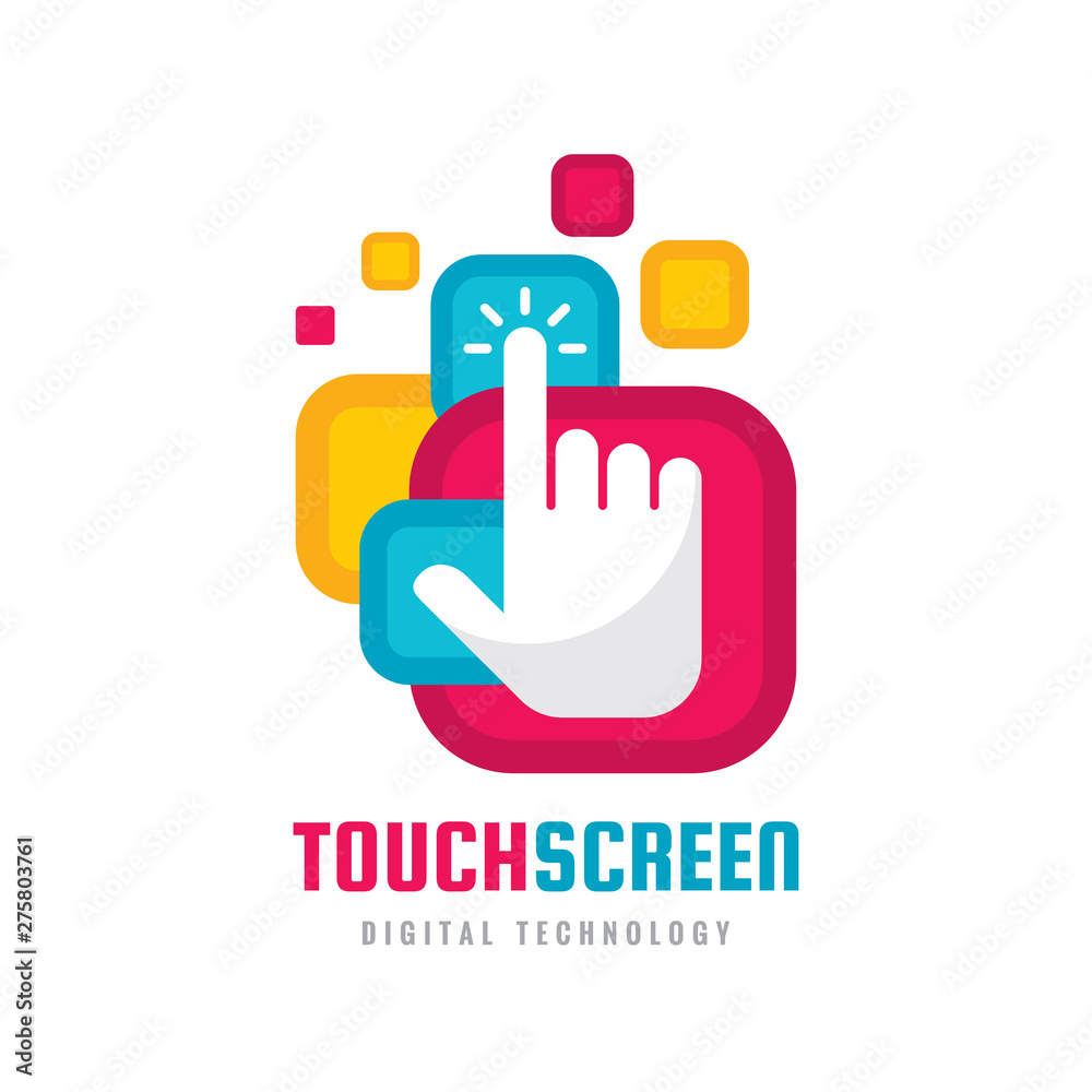 Touch screen finger - concept business logo template. Human hand on surface display. Digital technology sign. Abstract graphic design element. Vector illustration.