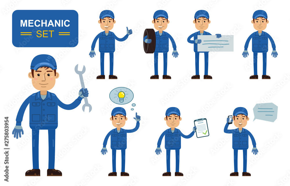 Set of auto mechanic characters posing in different situations. Cheerful worker showing thumb up, pointing up, holding banner, phone, document, wrench, tire. Flat style vector illustration