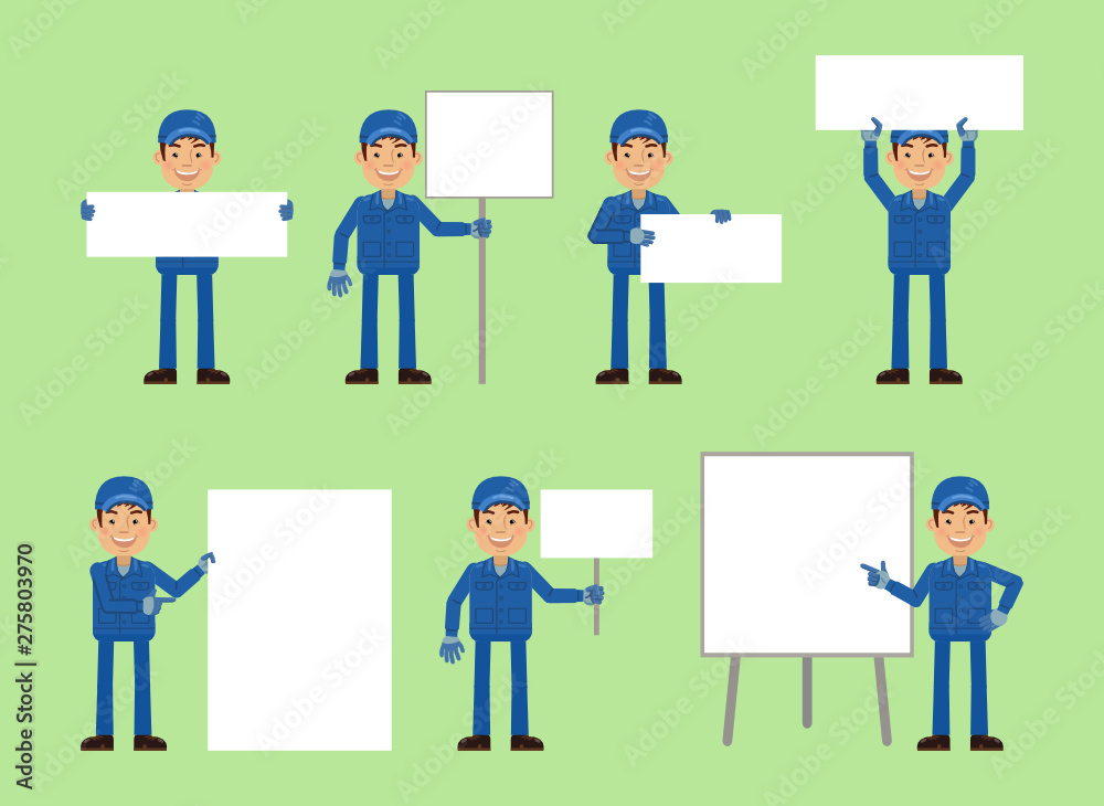 Set of auto mechanic characters posing with different blank banners. Cheerful worker with paper, poster, placard, pointing to whiteboard, teach, advertise, promote. Flat style vector illustration Set of auto mechanic characters posing with different blank banners. Cheerful worker with paper, poster, placard, pointing to whiteboard, teach, advertise, promote. Flat style vector illustration