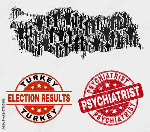 Political Turkey map and seals. Red round Psychiatrist grunge seal stamp. Black Turkey map mosaic of upwards ballot arms. Vector composition for ballot results, with Psychiatrist seal.