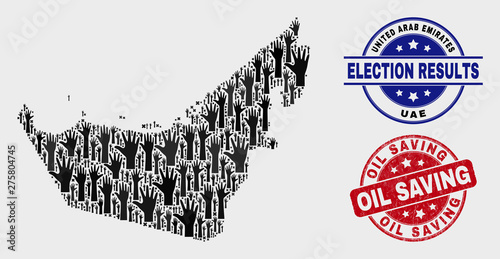 Ballot United Arab Emirates map and watermarks. Red round Oil Saving distress seal. Black United Arab Emirates map mosaic of raised referendum hands. Vector combination for ballot results,