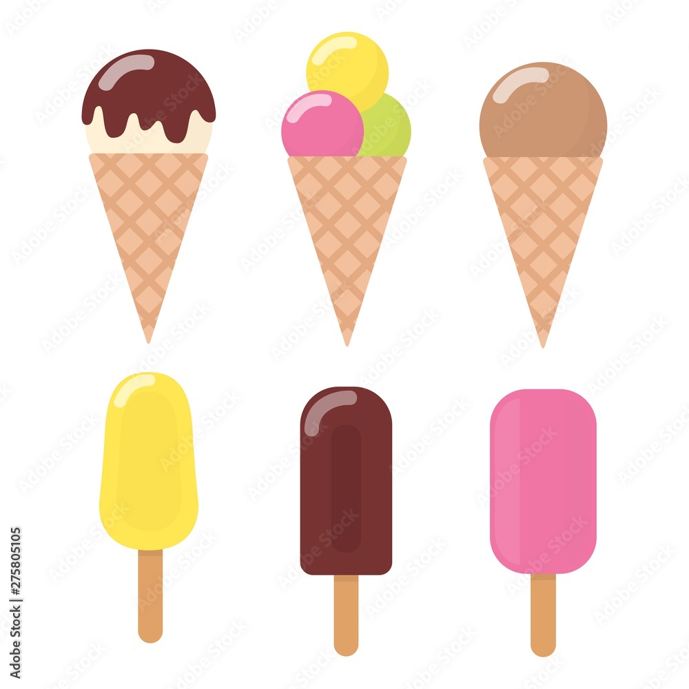 Colorful ice cream icons set. Collection ice cream cones and Popsicle with different topping isolated on white background. Vector illustration. Colorful ice cream icons set. Collection ice cream cones and Popsicle with different topping isolated on white background. Vector illustration.