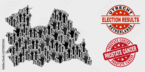 Electoral Utrecht Province map and seals. Red rounded Prostate Cancer distress seal stamp. Black Utrecht Province map mosaic of raised election arms. Vector combination for referendum results,