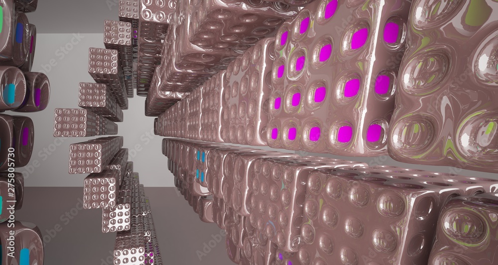 Fototapeta premium Abstract dynamic interior with brown and colored smooth objects. 3D illustration and rendering